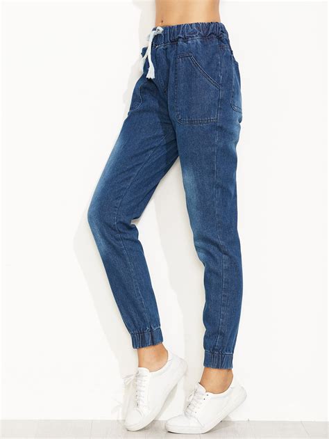 Drawstring Waist Elastic Hem Jeans Sheinsheinside