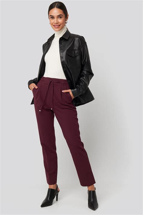 Drawstring Front Pleat Pants Burgundy Na