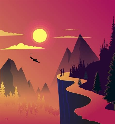 Mountain Landscape Background Colored Cartoon Design Sun