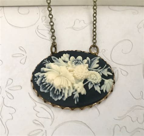 Black Flower Cameo Necklace Cameo Pendant Vintage Long Necklace For