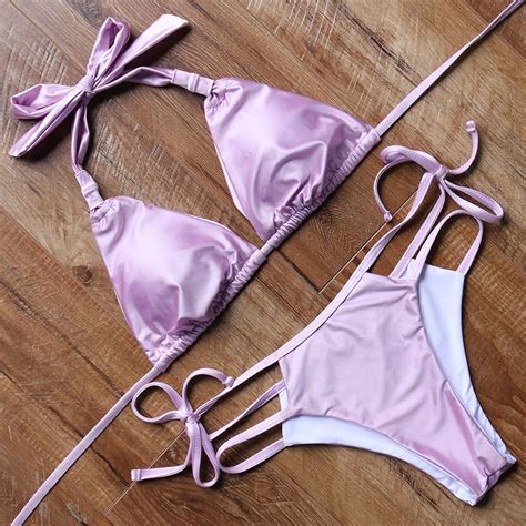 Shiny Swimsuit Brazilian Bikini 2018 Halter Bandage Bikini Set Swimwear Women Bathing Suit Women