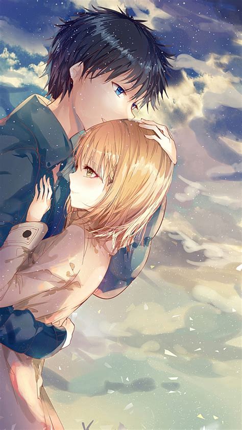 Download 1080x1920 Anime Couple Hug Romance Clouds