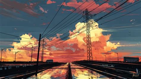 Wallpaper Anime Landscape Sunset Sky Painting Scenic