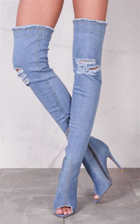 Peep Toe Over The Knee Boots Stiletto Ripped D Silkfred Over The Knee Boots Ripped Denim