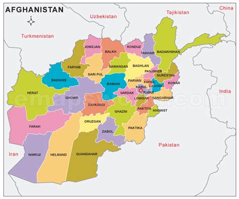 Nowshak (marked on the map by a yellow triangle) which peaks at 24,446 ft. Afghanistan Provinces Map | Provinces map of Afghanistan ...