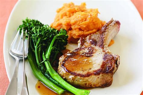 This easy recipe takes the standard roast pork a step further by brining it and removing the rind and treating it. Pork with sweet potato mash and soy-plum glaze