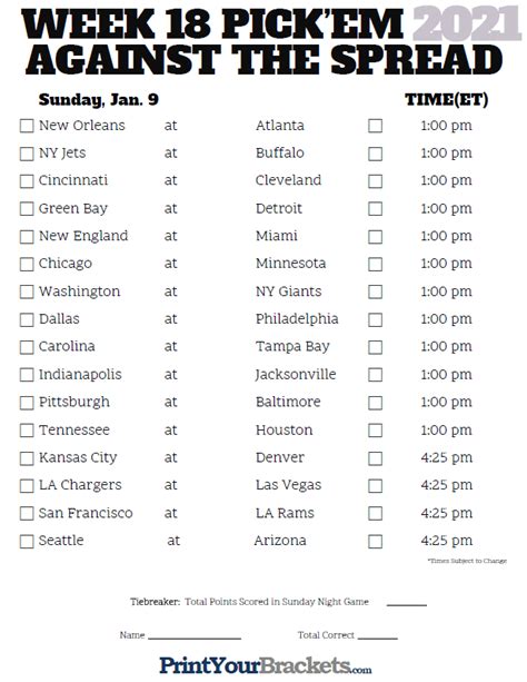 Nfl Week 18 Pickem Against The Spread Sheets Printable