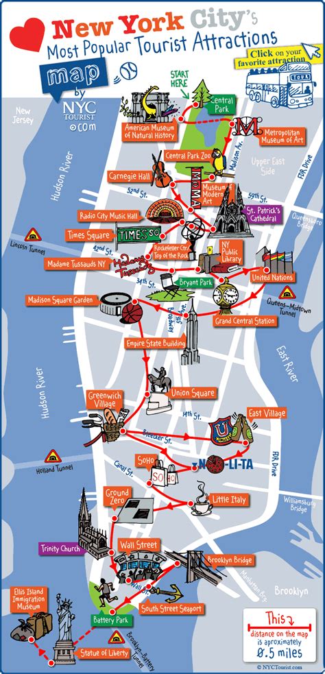 New York City Most Popular Attractions Map Manhattan Sightseeing Map