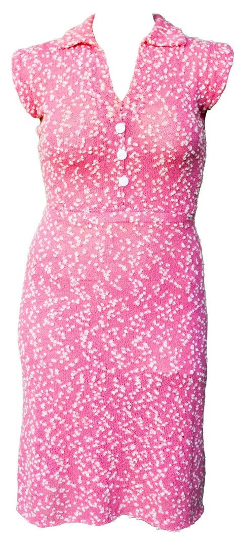 1930s Large Dress Sweater Knit Nubbly Pink White Polka Dot Retro
