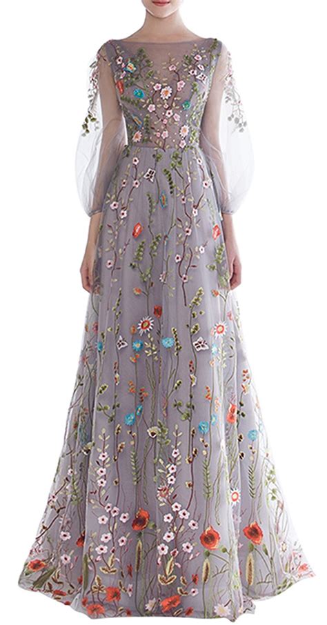 Ysmei Womens Floral Embroidery Long Prom Party Dress With Sleeves Lace Evening Gown Gray Blue