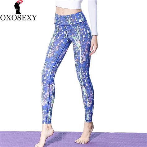 yoga pants women high waist trousers printed blue floral running sport leggings elastic