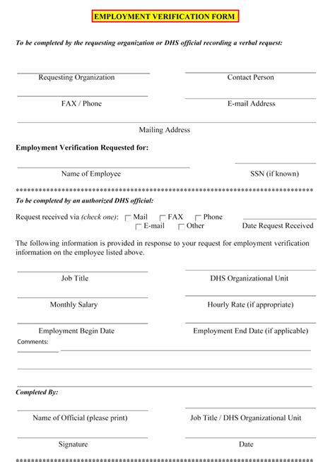 Printable Employment Verification Form