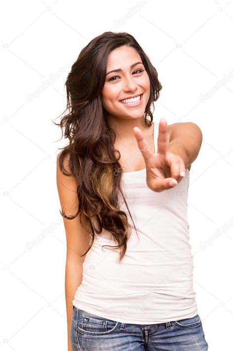 Young Woman Showing Peace Or Victory Sign — Stock Photo © Jolopes 33001339