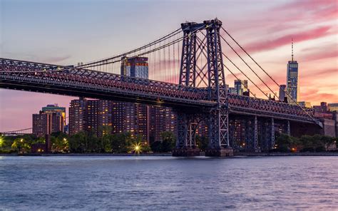 Download Wallpapers 4k Manhattan Bridge Sunset Panorama American
