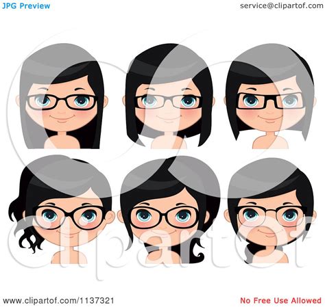 Cartoon Of Faces Of A Happy Girl Wearing Glasses Royalty Free Vector