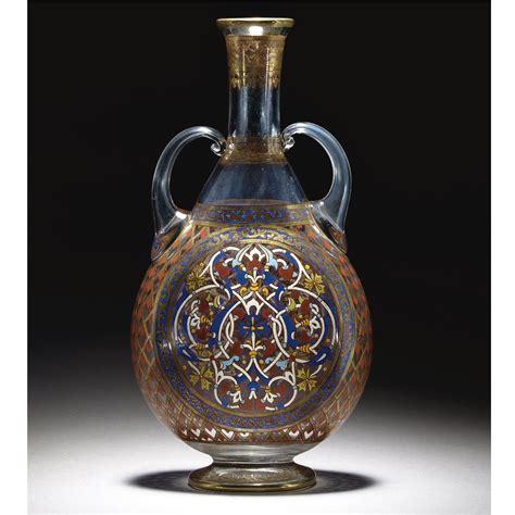 French Enamelled Persian Style Two Handled Glass Bottle Philippe Joseph Brocard Paris Dated