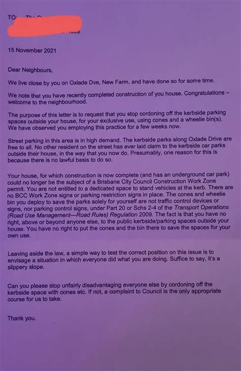 New Farm Anonymous Letter Slams Residents For Blocking Car Parks The