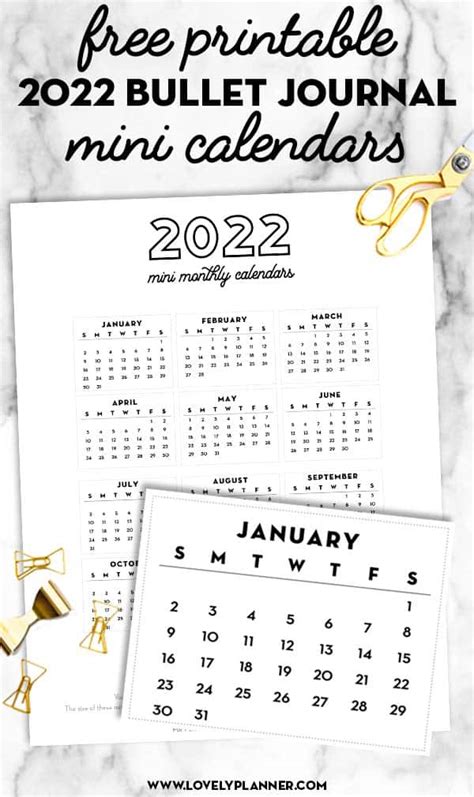 Free Printable 2022 Bullet Journal Mini Calendars Lovely Planner