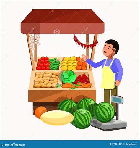 Vegetables And Fruits Product Seller At The Counter Stall Stock Vector