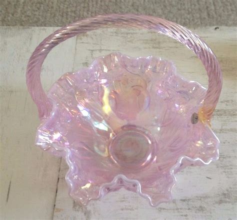 Fenton Vintage Pink Iridescent Carnival Glass Ruffle Basket Carnival Glass Fenton Vintage Pink