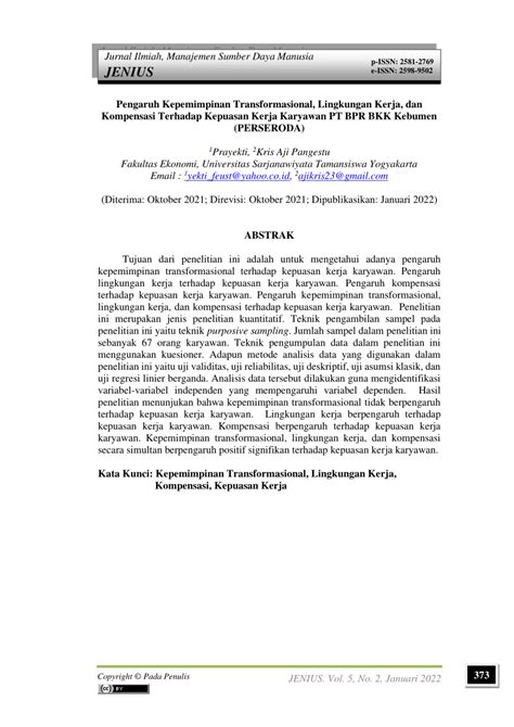 PDF Pengaruh Kepemimpinan Transformasional Lingkungan Kerja Dan