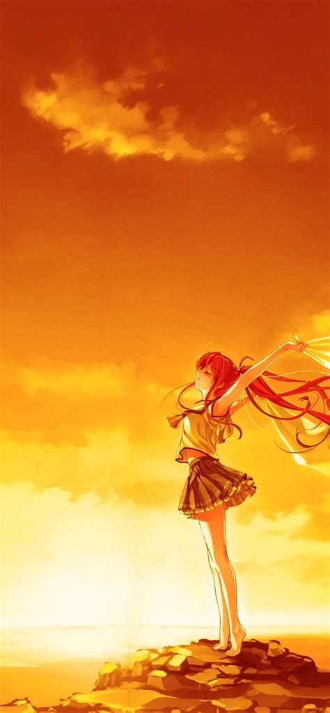 Wallpaper Red Hair Anime Girl Pose Sunset Wind Clouds Sea