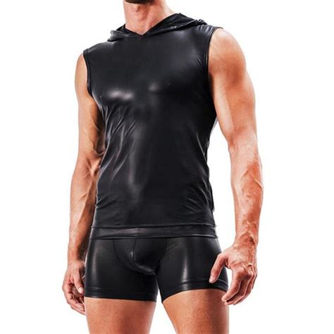 Fashion Solid Black Hooded Faux Leather Men S Sexy Vest Men S Sexy Faux