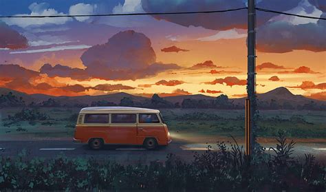 Anime Original Bus Sunset Hd Wallpaper Peakpx