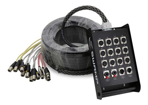 Cable snake features a rugged metal stage box and quality 3 pin xlr connectors, and keeps microphone and instrument cable runs organized between the stage and mixing console. 16 Channel Multicore Cable w/ Stage Box | SWAMP