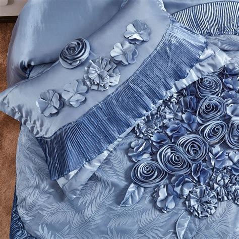 Tache Satin Floral Lace Ruffle Sweet Victorian Luxurious Blue Comforter