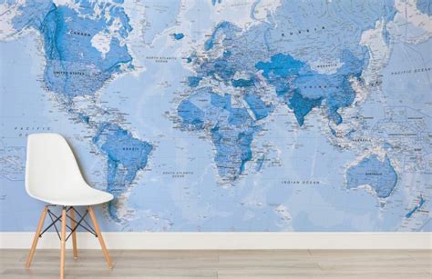 Shaded Ocean Blue Political Map Wallpaper Mural Hovia Uk World Map