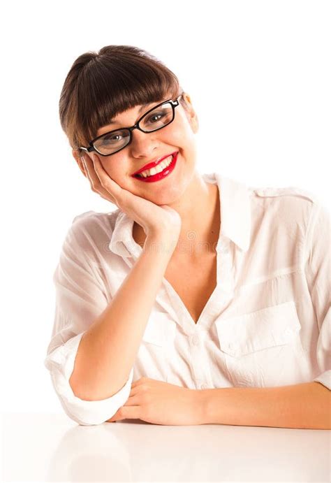Woman In Glasses And Red Lips Smiling At Desk Stock Image Image Of Girl Dress 21830367