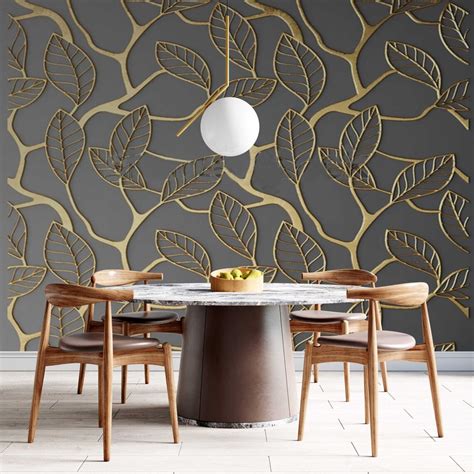 Gold Leaves Wallpaper Self Adhesive Peel And Stick Textile Etsy