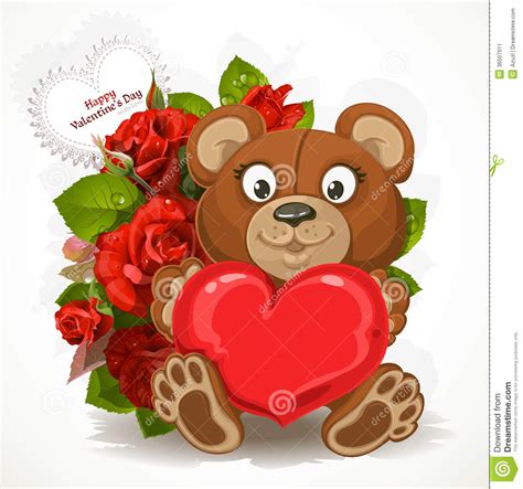Teddy Bear Holding Heart With A Bouquet Of Flowers Stock Vector
