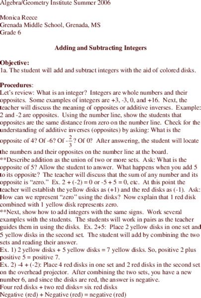 adding and subtracting integers lesson plan for 6th 7th grade lesson planet