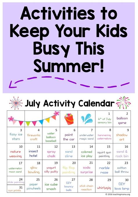 July Activity Calendar Summer Activities For Kids Summer Fun For