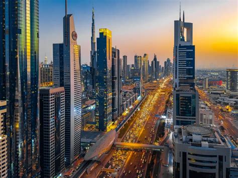 View Of Sheikh Zayed Road At Sunset In Dubai Downtown Financial Center