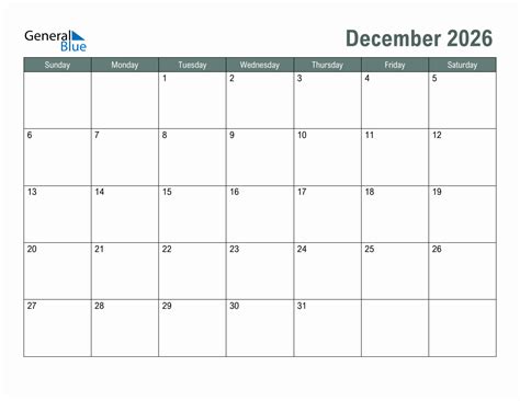Blank December 2026 Monthly Calendar Template