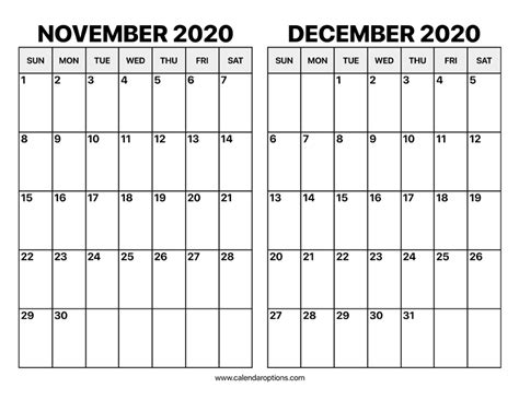 November And December 2020 Calendar Calendar Options