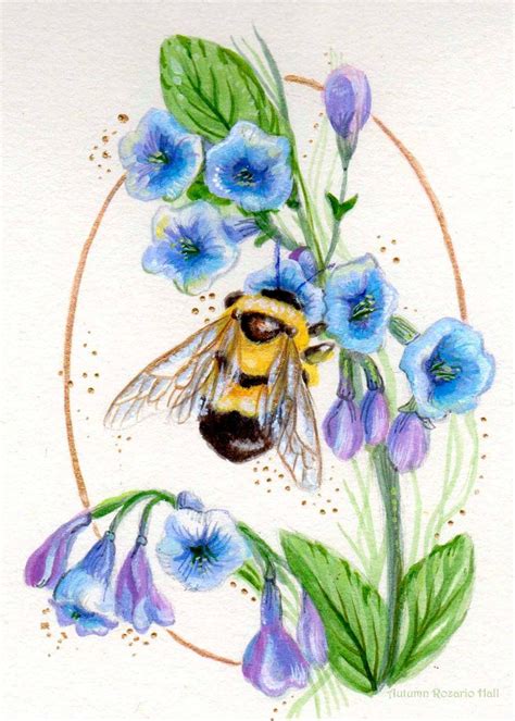 Framed Bee Art Bumblebee And Blue Flowers Print Etsy Bee Art
