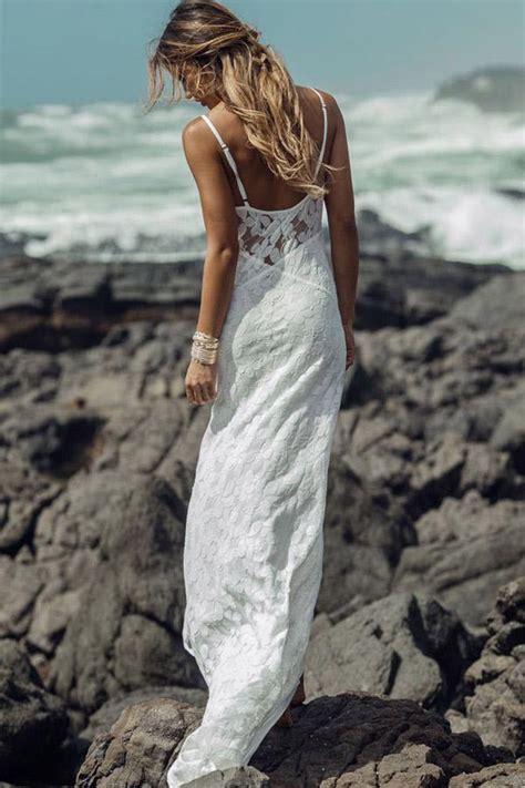 Summer Long Sheath Spaghetti Straps Lace Backless Beach Wedding Dress