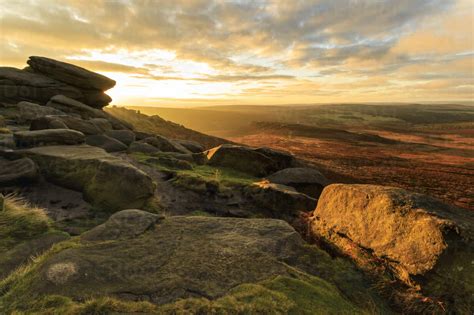 Carl Wark Hill Fort And Hathersage Moor From Higger Tor Sunrise In