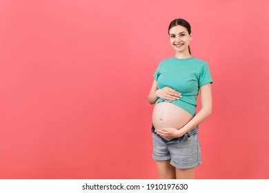Naked Pregnant Womans Belly Wearing Opened Stock Photo