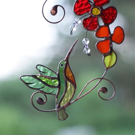 Stained Glass Hummingbird With Flowers Suncatcher Bird Window Etsy