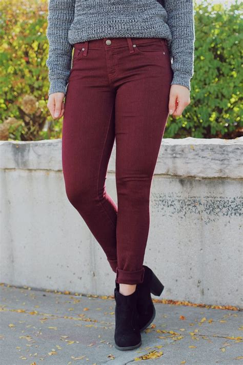 Bordeaux Skinny Jeans Wine Colored Pants Outfit Women Clothing Boutique Skinny Jeans