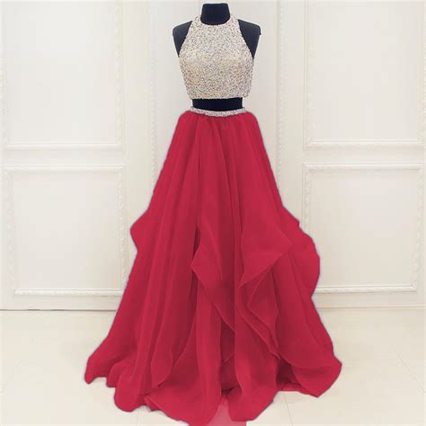 Deep Red Two Piece Prom Dresssexy Keyhole Back Beaded Prom Gowntwo