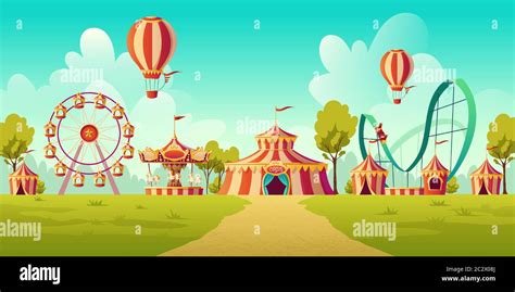 Carnival Funfair Amusement Park With Circus Tent Roller Coaster