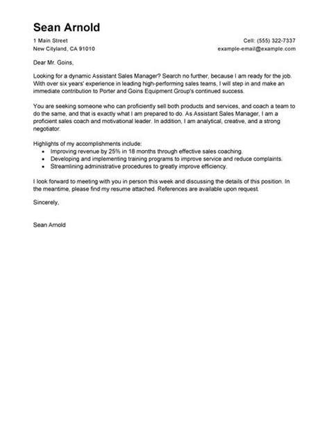 Assistant Manager Cover Letter Examples Sales Cover