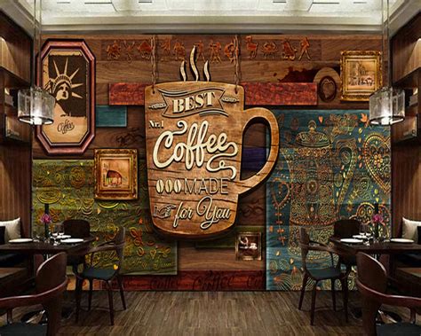 Custom Food Store Wallpaper Wood Pattern Coffee 3d Retro Mural For The
