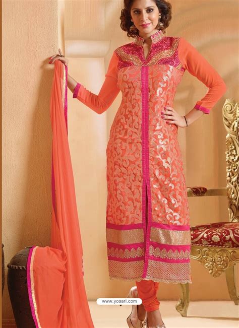 Orange And Pink Georgette Churidar Suit Churidar Suit Online
